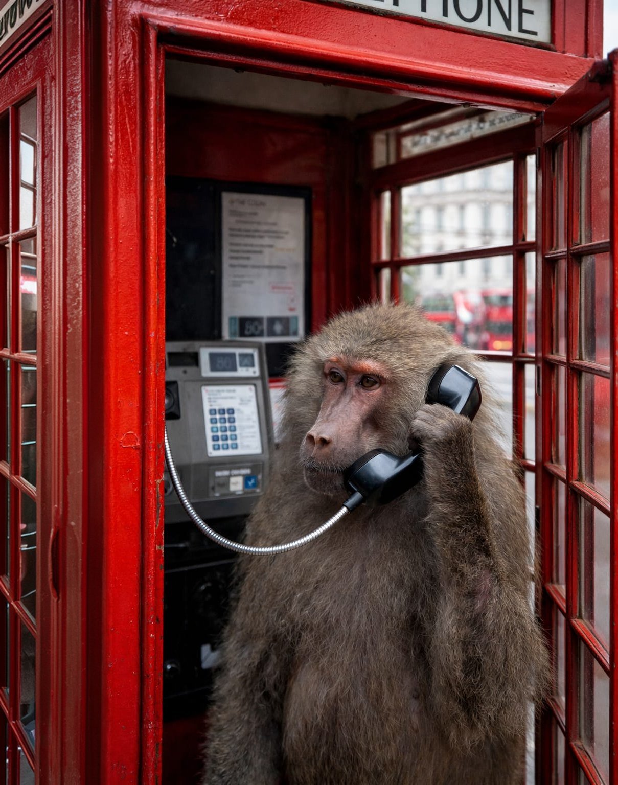 A baboon on the phone inside a red London telephone box